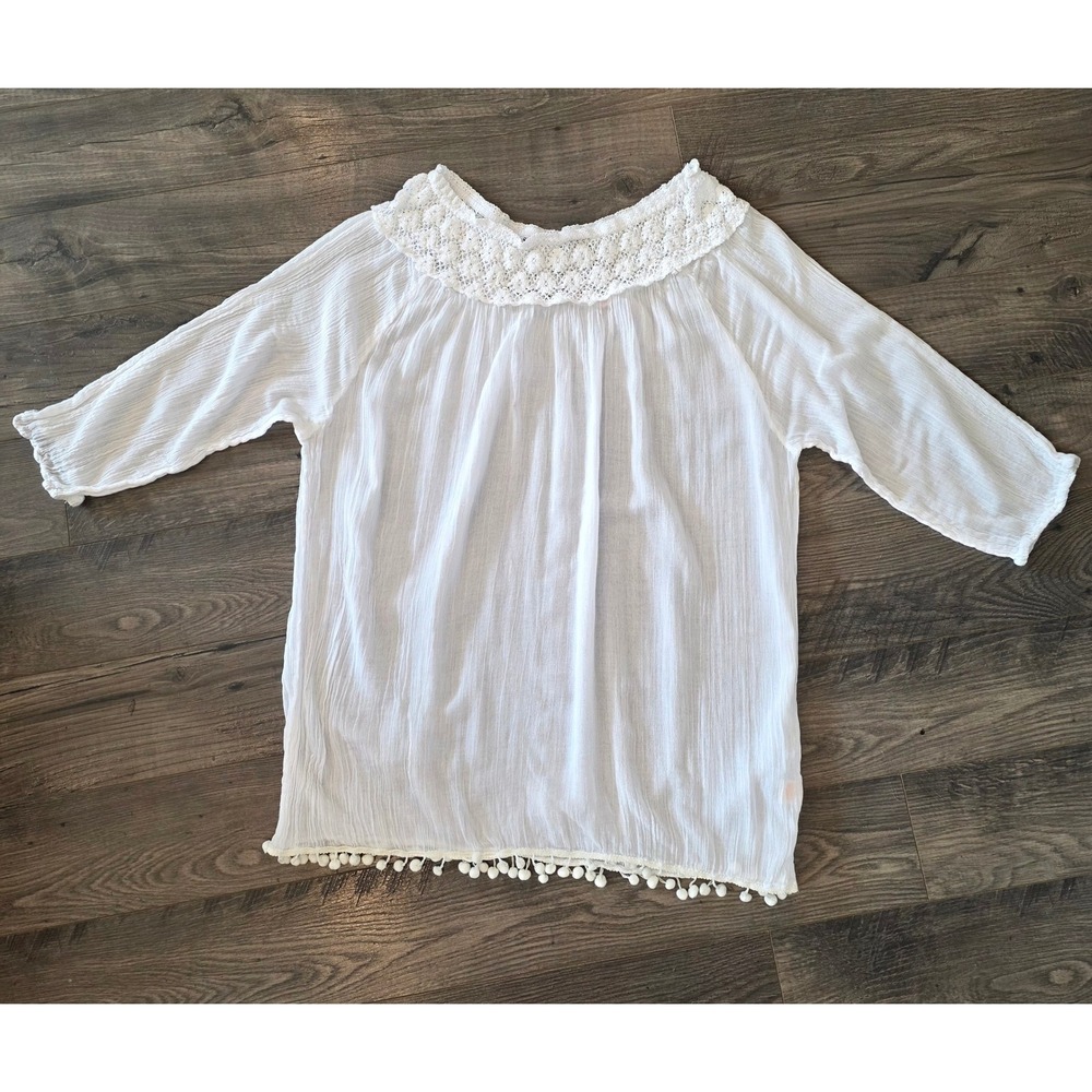 Azucar‎ White Crochet Lace Neck Pom Pom Hem Crinkle Tunic Top XL Womens Boho